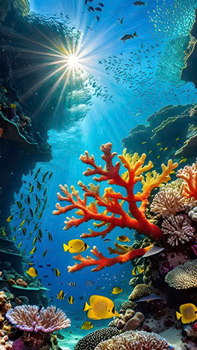 Colorful ocean animals canvas wall art featuring sea turtle, fish, jellyfish, coral, and octopus in vibrant underwater scene