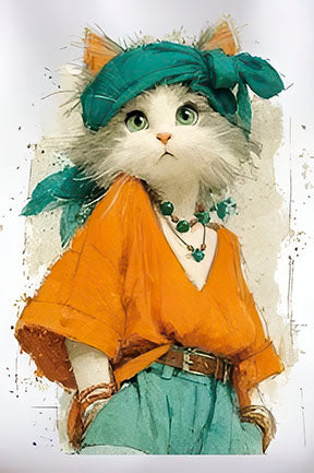 Stylish cat character canvas wall art with orange blouse and teal headscarf in modern playful style