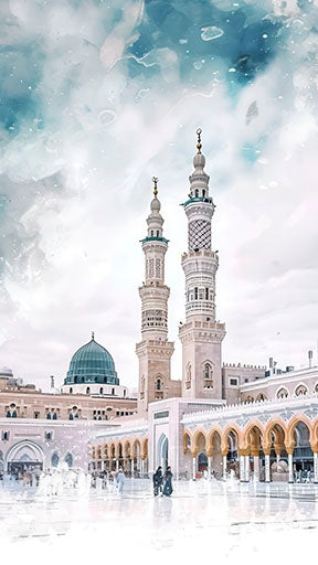 ProphetÃƒÂ¢Ã¢â€šÂ¬Ã¢â€žÂ¢s Mosque Medina canvas wall art with green dome and minarets in MDF frame