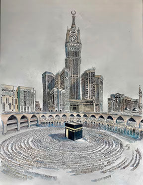 Kaaba Mecca Islamic canvas wall art showing Holy Kaaba and Abraj Al Bait clock tower with worshippers in Masjid al-Haram