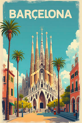 Barcelona vintage travel canvas featuring Sagrada FamÃƒÆ’Ã‚Â­lia with palm trees and Mediterranean streets