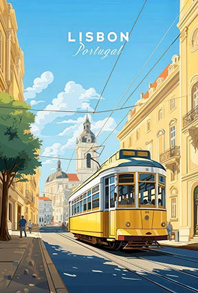Lisbon Portugal vintage tram on canvas with yellow tram in historic street scene