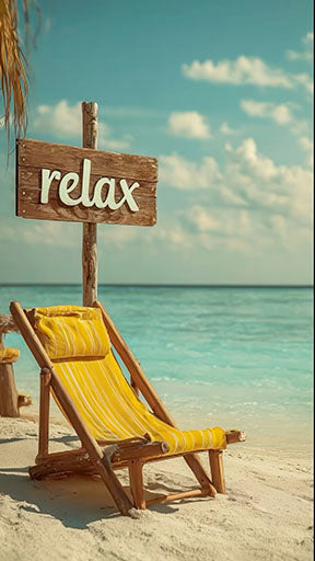 Relax Tropical Beach Canvas featuring yellow lounge chair and wooden sign by turquoise waters on sunlit beach