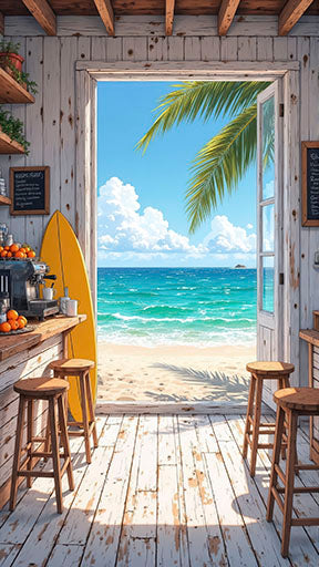Beach Cafe Doorway canvas art showing rustic bar opening to tropical beach with white sand and turquoise sea