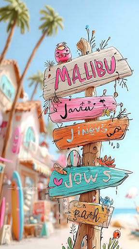 Malibu Beach Sign canvas art with rustic directional post and palm trees on premium water-resistant canvas
