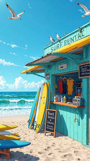 Surf rental beach shack canvas with turquoise shack, yellow surfboards, and seagulls over ocean waves