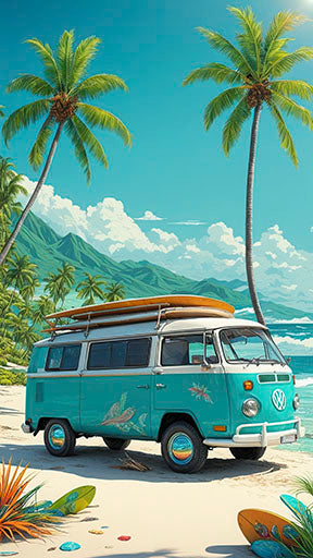 Vintage teal retro surf van canvas art with surfboards on tropical beach