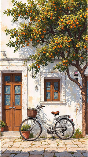 Mediterranean orange tree canvas with vintage bicycle and sunlit white cottage