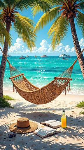 Tropical Hammock Beach Canvas showing a hammock between palm trees on a sunny beach