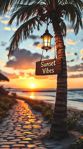 Sunset Vibes Tropical Path with lantern and ocean sunset on canvas art