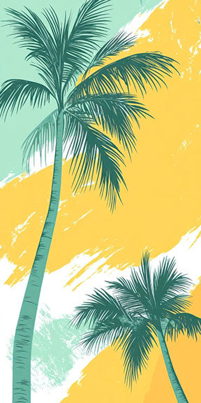 Wadi Home abstract palm tree canvas art with teal fronds on a yellow and mint green brushstroke background.
