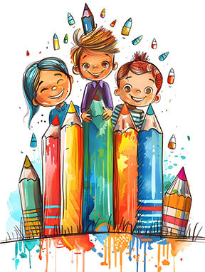 Wadi Home artwork of three smiling children peeking from behind colorful oversized pencils in watercolor style.
