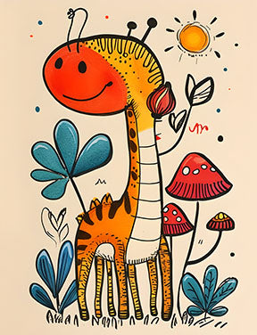 Wadi Home Whimsical giraffe and mushroom art print for kids' room. Features a smiling giraffe with orange and black stripes, surrounded by red mushrooms and blue leaves.