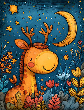 Wadi Home whimsical giraffe art for nursery, featuring a friendly giraffe under a crescent moon and starry night sky with colorful flowers.
