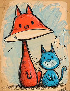 Wadi Home whimsical art print of a friendly orange fox and blue cat with sketchy lines and a textured background, perfect for a nursery.