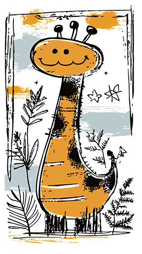 Wadi Home whimsical orange and black giraffe nursery art with hand-drawn style and textured background.