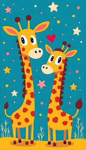Wadi Home Cute Giraffe Family Wall Art, featuring two yellow giraffes with red spots on a teal background with stars and hearts.
