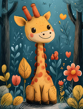 Wadi Home framed or canvas wall art featuring a cute, cartoon-style giraffe sitting in a whimsical forest with colorful flowers and dark blue foliage.