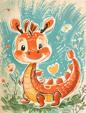 Wadi Home cute orange dragon illustration in a meadow, children's wall art with whimsical flowers and blue background.