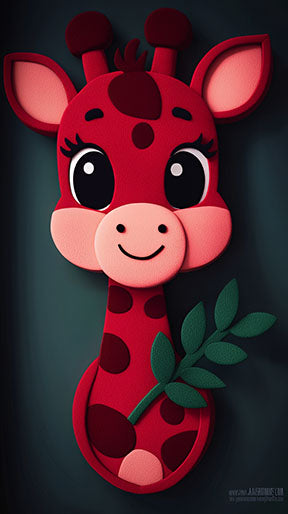 Wadi Home red cartoon giraffe nursery wall art with big eyes and red spots, holding a green leaf.