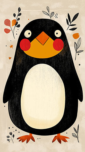 Wadi Home whimsical penguin nursery art with rosy cheeks and orange beak, surrounded by floral accents.