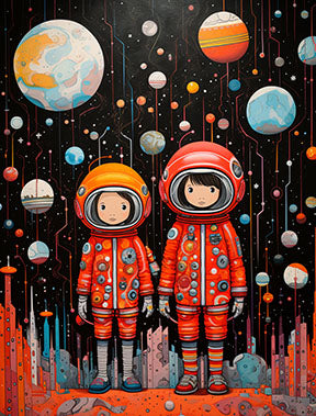 Wadi Home artwork featuring two astronauts in orange suits exploring a galaxy with planets and stars. Ideal for kids' rooms.