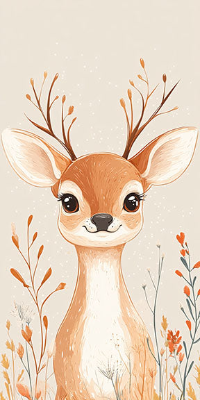 Wadi Home whimsical deer woodland nursery art print with autumn foliage. Gentle brown and orange tones.