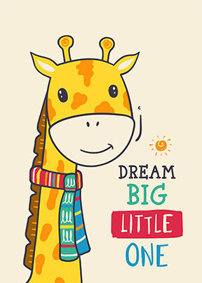 Wadi Home Dream Big Little One giraffe wall art with colorful scarf and uplifting message for nursery.