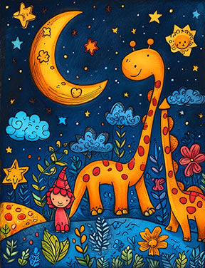 Wadi Home Whimsical Giraffe Moon Nursery Art featuring two orange giraffes, a crescent moon, stars, and a gnome on a dark blue background with floral elements.
