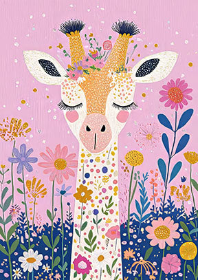 Wadi Home whimsical giraffe with floral crown on pink background, nursery art.