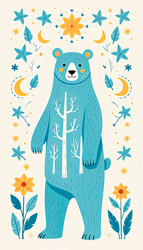 Wadi Home whimsical blue bear surrounded by stars, moons, and flowers nursery art. Folk art style, vibrant colors.