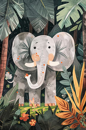 Wadi Home Jungle Elephant Wall Art featuring a friendly grey elephant amidst lush green jungle foliage and colorful flowers. Perfect for a child's room.