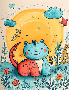 Wadi Home whimsical blue and red dinosaur under a bright sun with clouds and flowers, watercolor style wall art for kids' rooms.