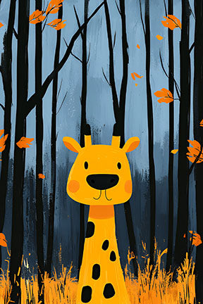 Wadi Home whimsical yellow giraffe in a moody blue autumn forest with falling leaves, children's wall art.