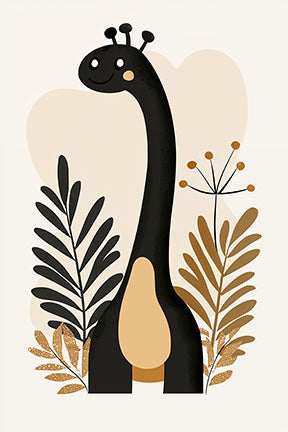 Wadi Home whimsical giraffe nursery wall art with black, beige, and muted gold abstract foliage.