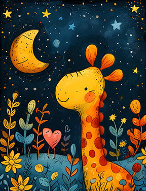 Wadi Home Whimsical Giraffe Under the Moon Nursery Art. A friendly giraffe gazes at a crescent moon and starry sky in this vibrant artwork.