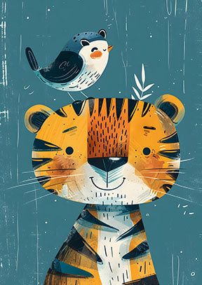 Wadi Home cute tiger and bird nursery wall art, featuring a friendly tiger with a blue bird on its head, in a child's room setting.