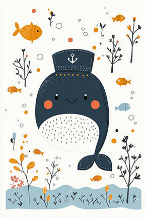 Wadi Home whimsical whale nursery art print with sailor hat and fish, framed or canvas.
