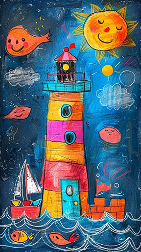 Wadi Home whimsical artwork of a colorful lighthouse, sailboat, sun, and fish on a blue sea, crayon-style, for a child's room.