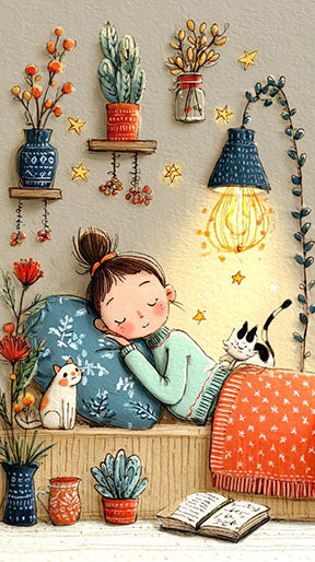 Wadi Home framed wall art of a girl sleeping with cats, surrounded by plants and a bedside lamp.