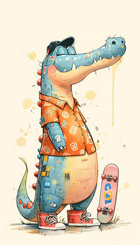 Wadi Home cartoon alligator wearing a hat and orange shirt, standing with a skateboard. Vibrant print for kids' rooms.