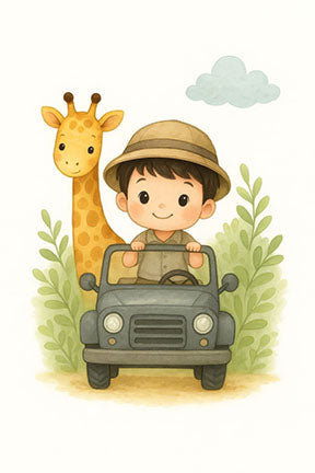 Wadi Home Safari Adventure nursery art featuring a boy in a safari hat driving a jeep with a giraffe. Watercolor style.