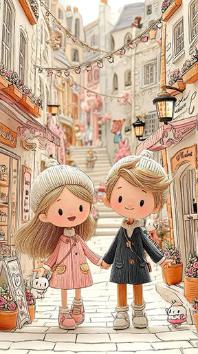 Wadi Home charming illustration of a young couple holding hands walking down a cobblestone street with shops and string lights.