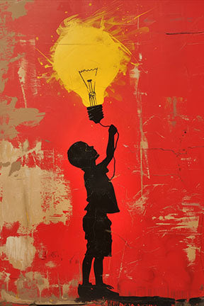 Wadi Home child silhouette reaching for yellow lightbulb wall art, textured red and gold background.
