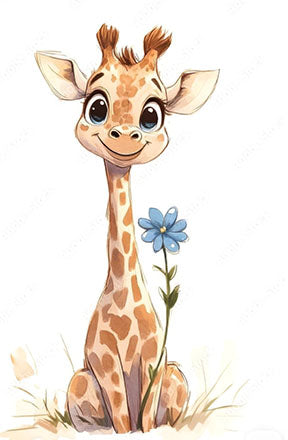 Wadi Home cute baby giraffe with blue flower watercolor art for nursery.