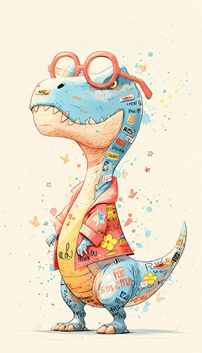 Wadi Home whimsical blue T-Rex dinosaur wearing glasses and a colorful shirt, watercolor art for kids' room.