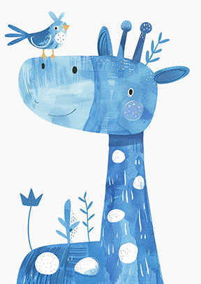 Wadi Home blue watercolor giraffe with bird nursery art print. Features a friendly giraffe with a bird on its head and white spots.