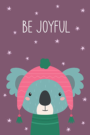 Wadi Home 'Be Joyful' koala nursery art with pink hat and green sweater on purple background with stars.