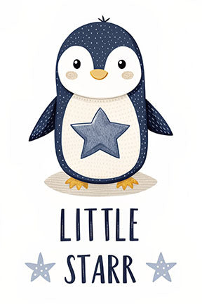 Wadi Home cute penguin with blue star nursery art print, featuring text 'LITTLE STARR' and blue stars.