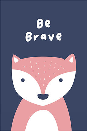 Wadi Home Be Brave fox nursery art print with pink fox illustration on navy background. Motivational wall art.